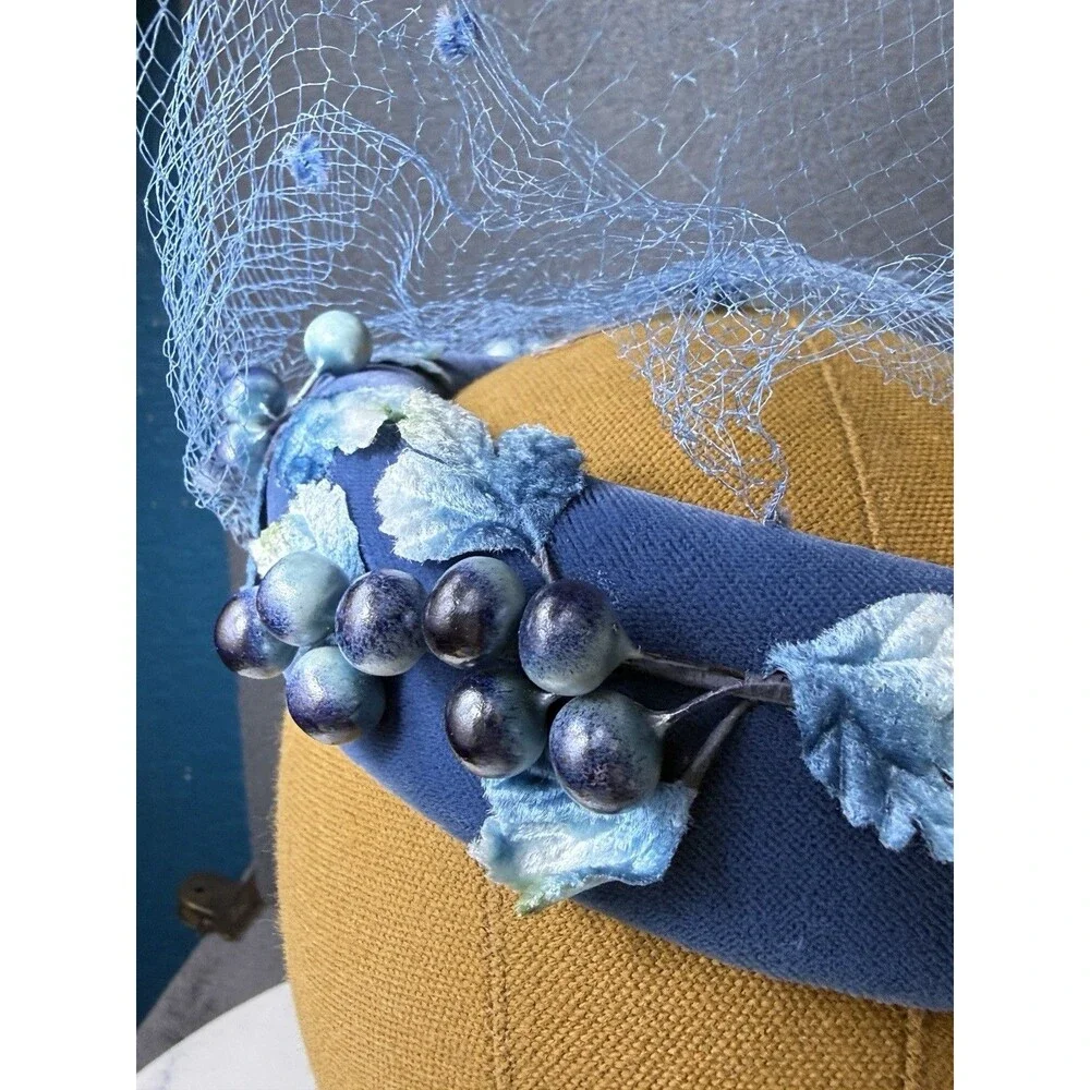 Vintage 1950s Royal Blue Velvet Pillbox Hat Birdcage Veil Floral Beaded Union US